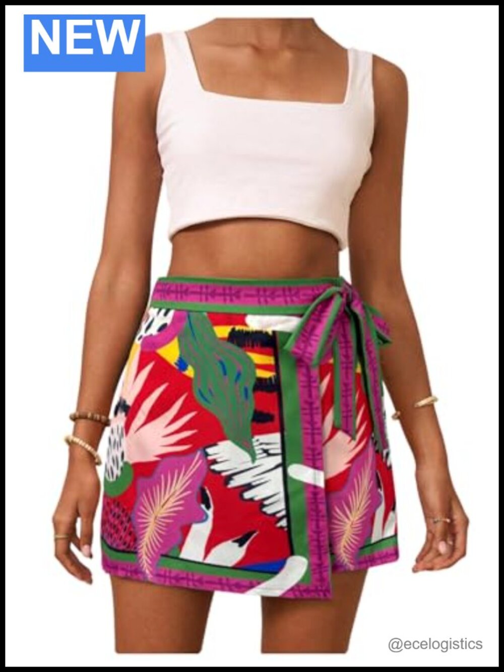 Women Floral Wrap Mini Skirt, High-Rise A-Line, Tie Knot Side Summer